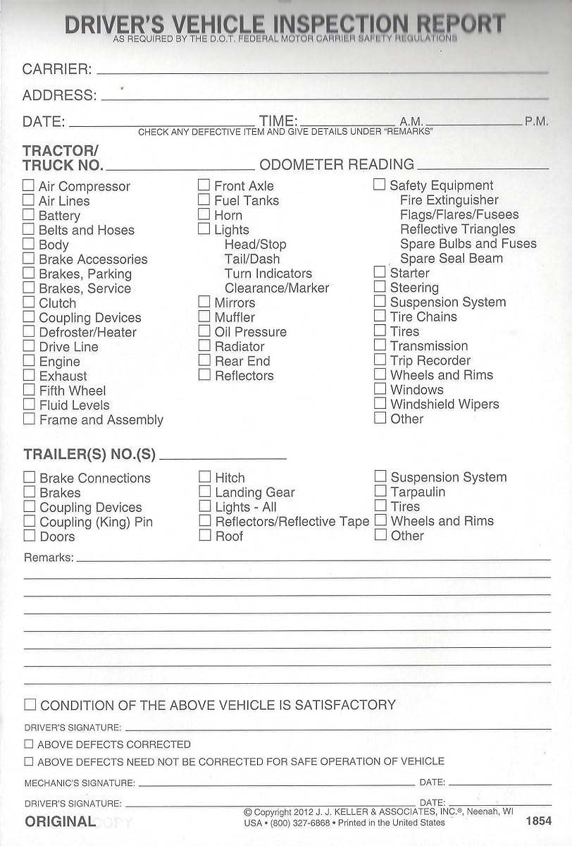 Carbonless Driver Vehicle Inspection Form