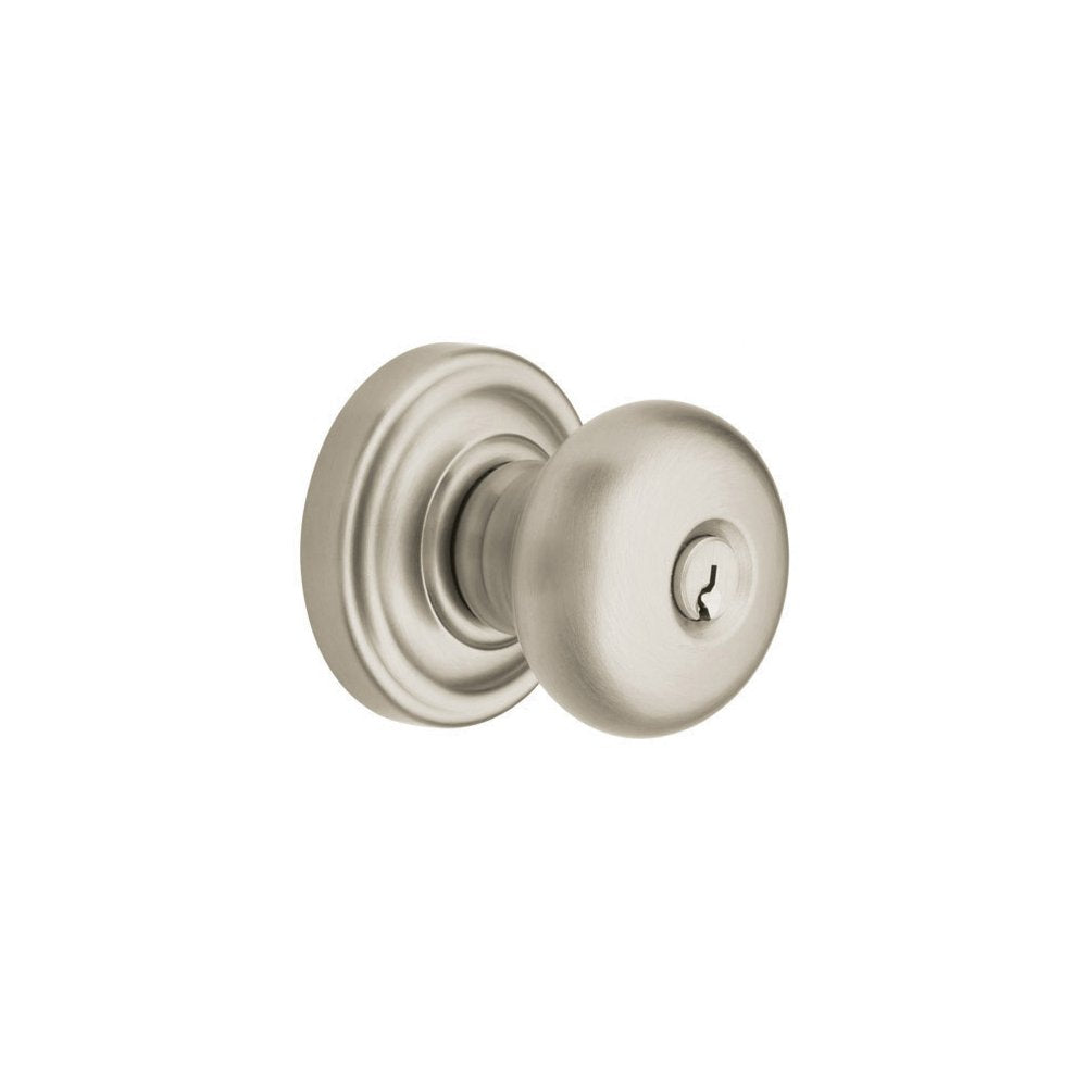 Entry Door Knob - Satin Nickel - Traditional Style - Round Shape - Concealed Screws - Lockable - 2-3/8" Backset - Keyed Entry - Lifetime Warranty