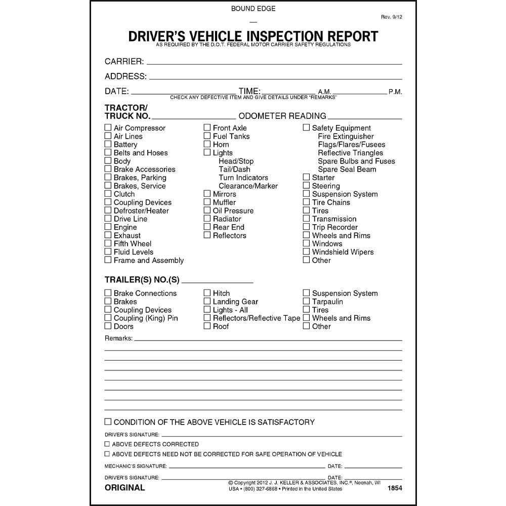 Carbonless Driver Vehicle Inspection Form