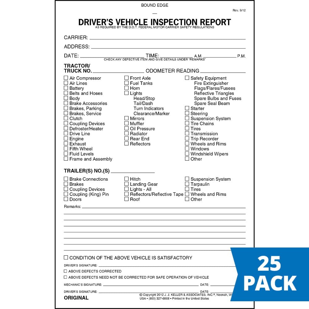 Carbonless Driver Vehicle Inspection Form